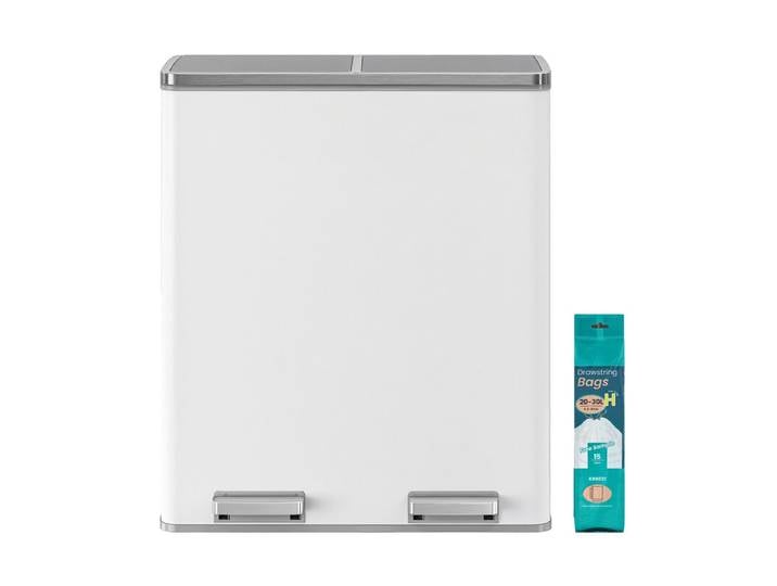 JOYFURNOS Poubelle de cuisine à 2 compartiments, poubelle double 2 x 30 L avec couvercles, pédales, seaux intérieurs en plastique, fermeture amortie, Blanc et Gris
