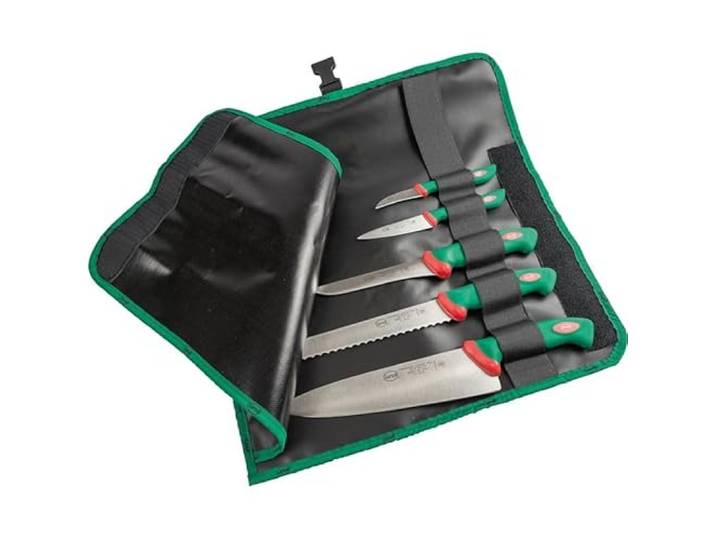 Sanelli Messerset, inkl. fünf Messer und Rolltasche. Marke: Sanelli. Breite: 460 mm, Tiefe: 160 mm. Farbe: Grün. Spülmaschinenfest. In