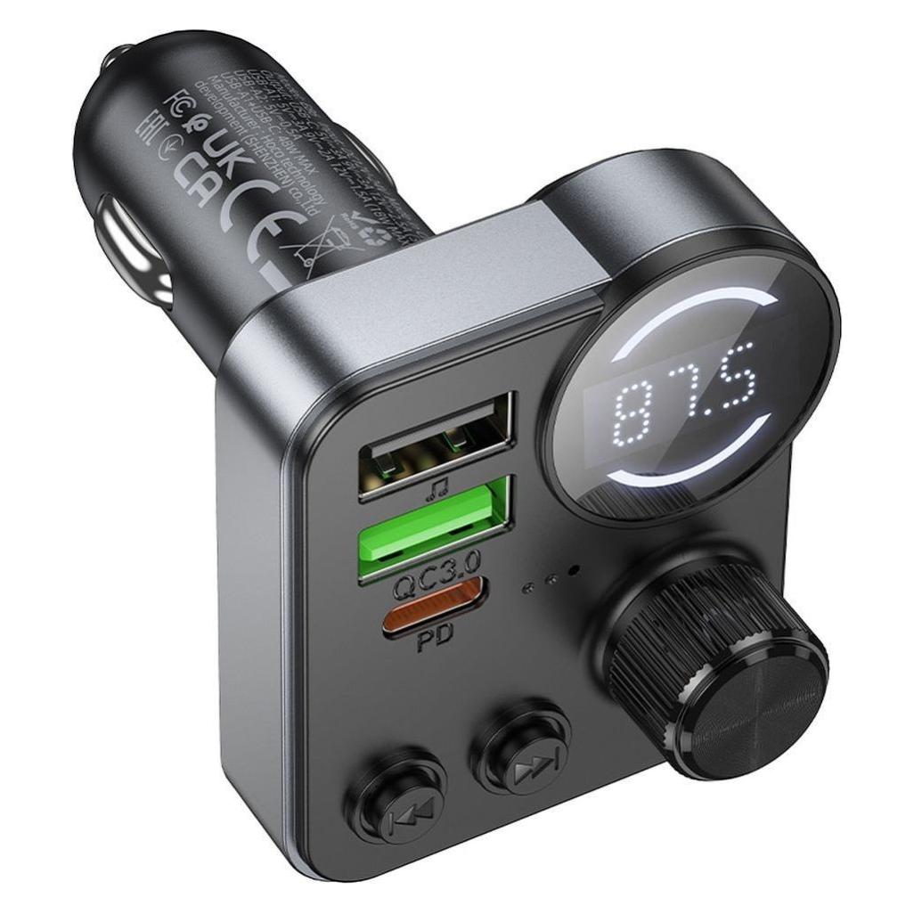 Hoco BT FM Transmitter and Car Charger E86, 2 x USB-A - 1 x USB-C - 1 x microSD, Black (60055286)