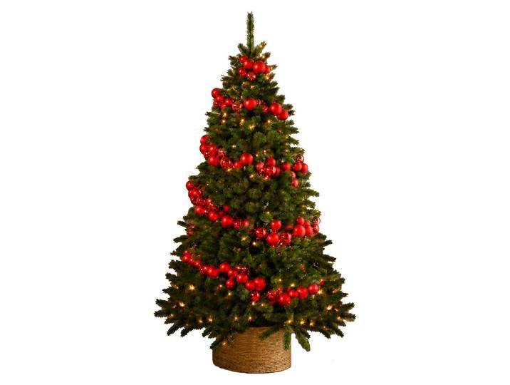 Künstlicher Weihnachtsbaum 180 cm – KÖNIGSROT II, geschmückt mit 240-teiligem Weihnachtsbaumschmuck, inkl. Ständer