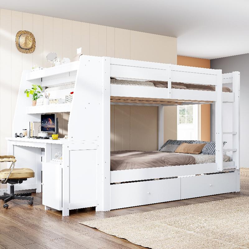 Etagenbett 140x200cm mit Schreibtisch, seitlichem Stauraum, Regal, Schrank und 2 Schubladen, Hochbett aus Kiefernholz, Metall, Sperrholz und MDF