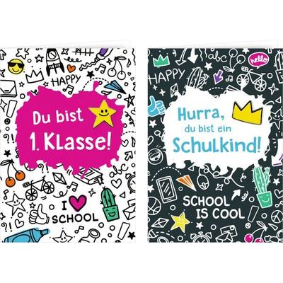 Grußkarte mit Wegbegleiter-Pin – Du bist 1. Klasse / Hurra, du bist ein Schulkind!