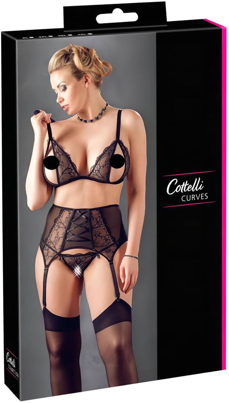 Cottelli Plus Size - Lingerisæt I Blonde - Sort - Store Størrelser