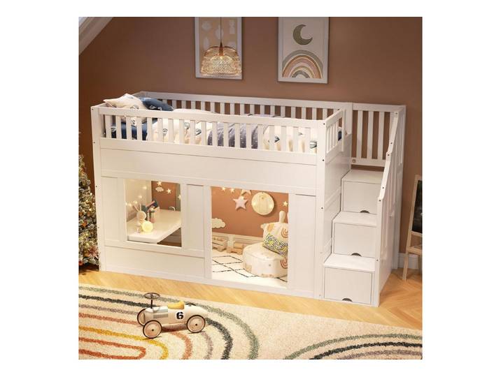 LuxusKollektion Kinderbett Etagenbett 90x200 Stauraumtreppe Weiß