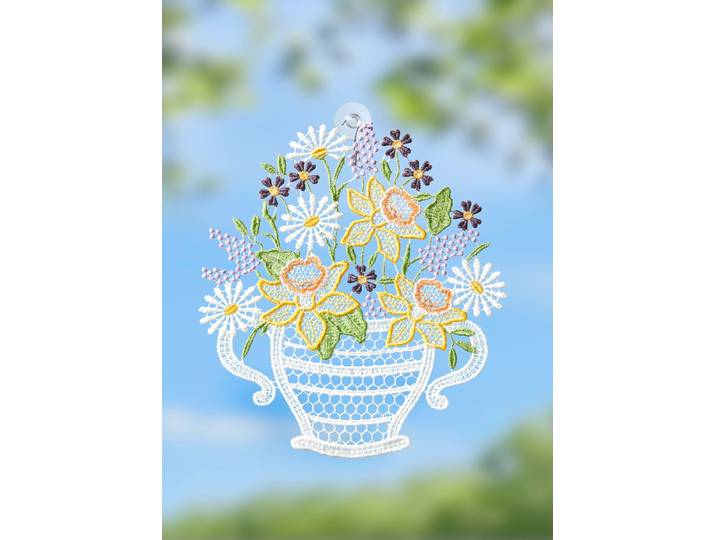 Fensterbild aus echter Plauener Spitze, Bunt