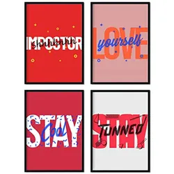 POSTER Set mit 4 roten Etikettendesign und Motivationsnachrichten A4 Rahmenlos