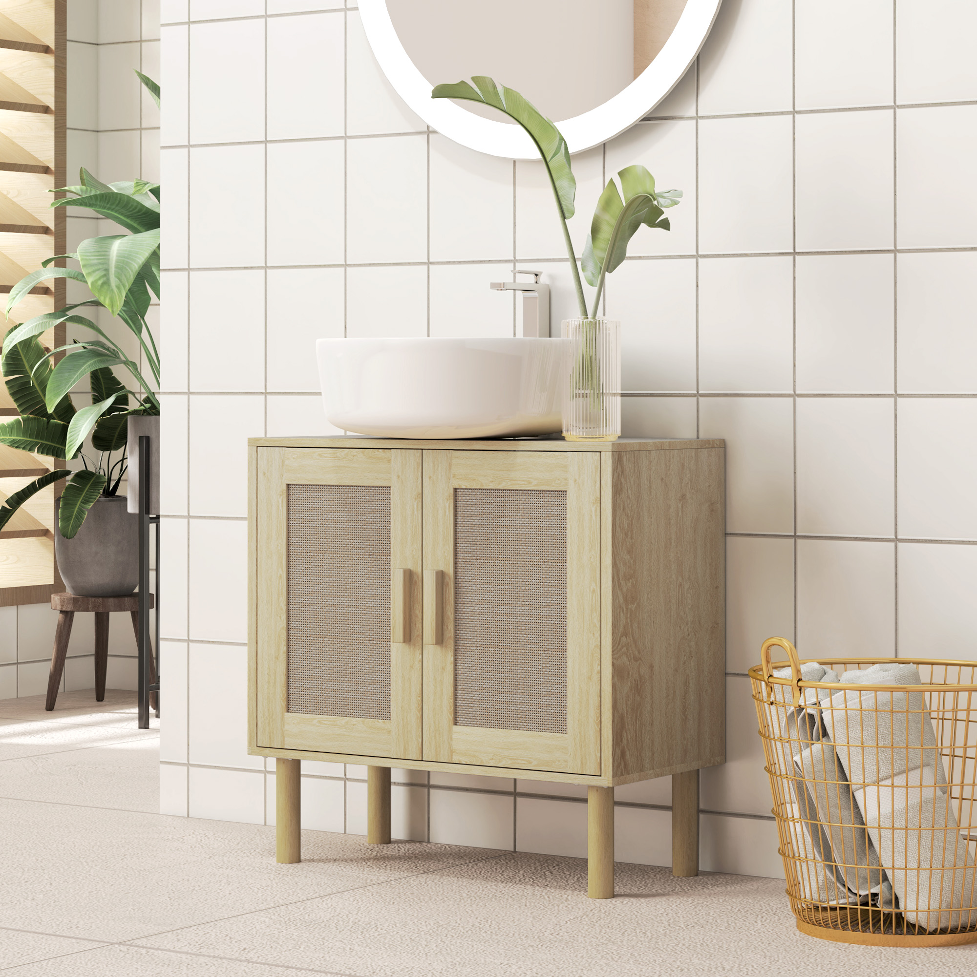Homcom Mobile bagno sottolavabo mobile sottolavabo ante in rattan piedi in legno di pino 2 livelli 60 x 30 x 60 cm quercia