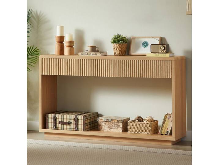 COVREO console d'entree 150 cm avec 2 tiroirs niche ouverte facade striee chene clair