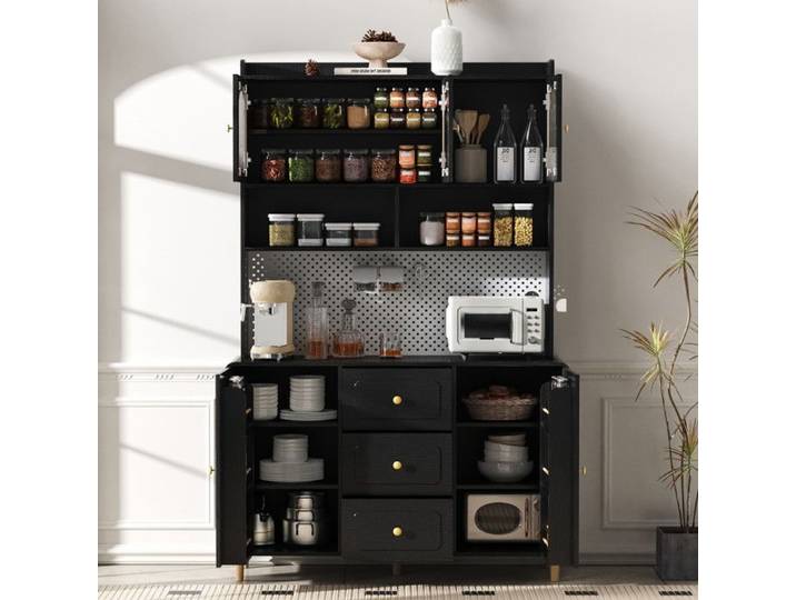 Buffet Cuisine 120 cm avec Rangement Porte et Tiroirs Meuble de Cuisine avec Panneau Perforé Plan de Travail Scandinave Noir