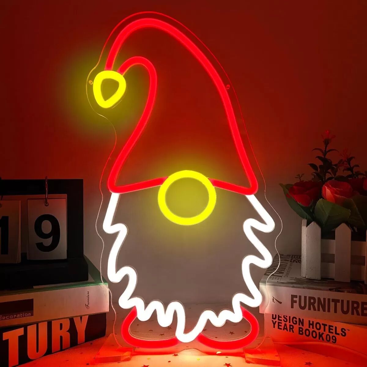 INF LED Neon Schild - Weihnachtsmann Mütze Gnom 40x22cm, USB-betriebenes Dekoratives Licht