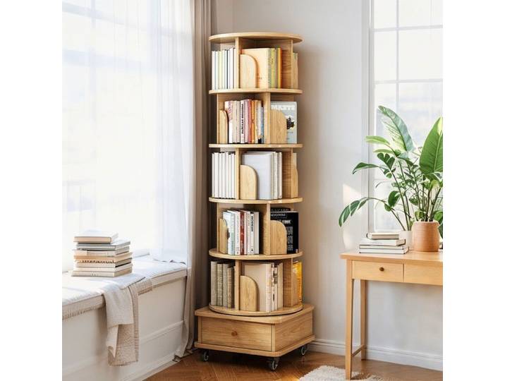 Comfyu - Bibliothèque pivotante à 6 niveaux - avec roulettes avec tiroirs idéale pour les chambres les salons les bureaux - Bois