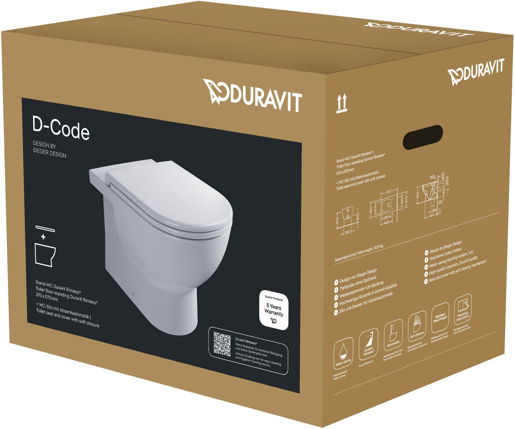 Duravit Stand-WC, Tiefspüler-Set D-Code m Sitz, Absenkautomatik, Rimless, weiß (40370900A1)