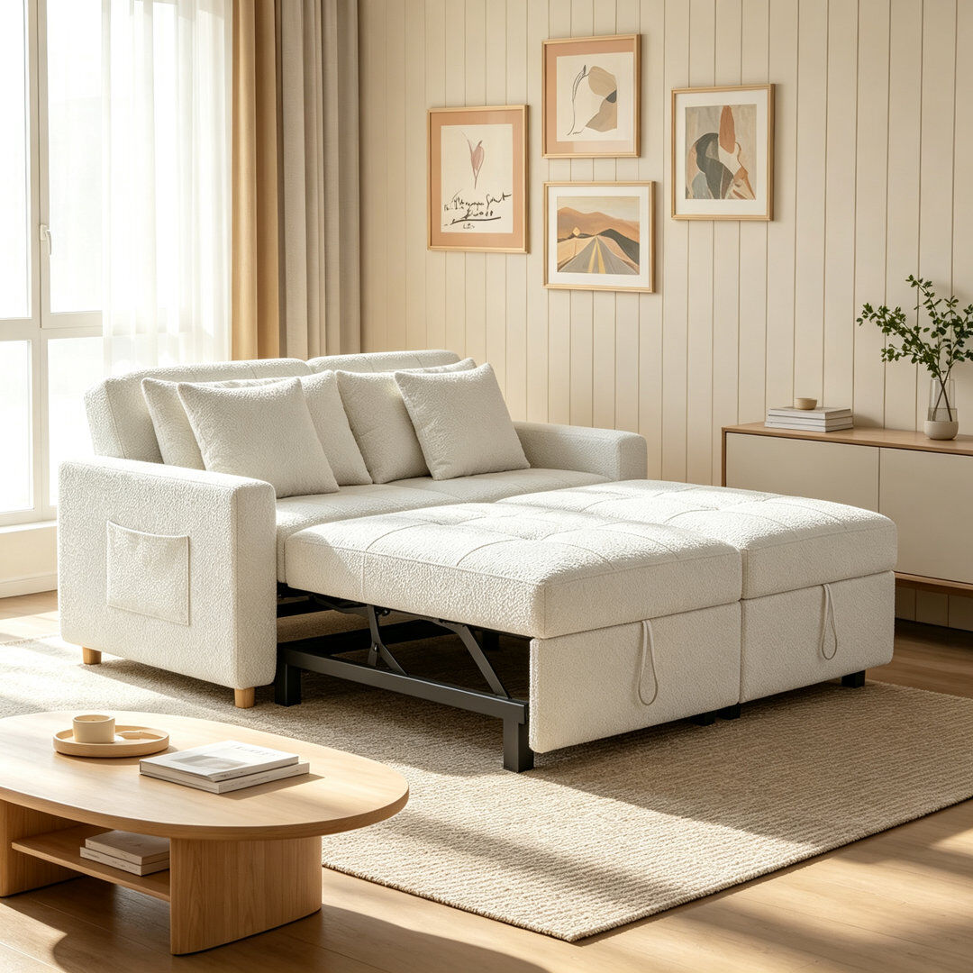 Latitude Run 2 Seater Linen Sofa Bed White