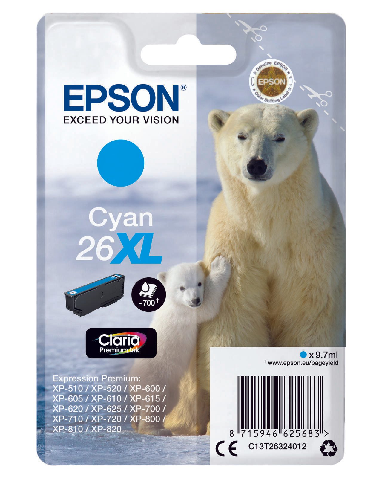 Epson Original 26XL Eisbär Druckerpatrone cyan 700 Seiten 9,7ml (C13T26324012)