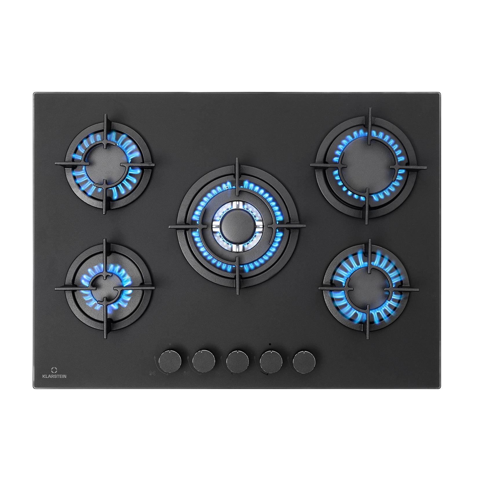 Firetale Gaskochfeld 5-flammig 70 cm Aluminium-Brenner inkl. Schlauch und Druckminderer Schwarz 5 Brenner