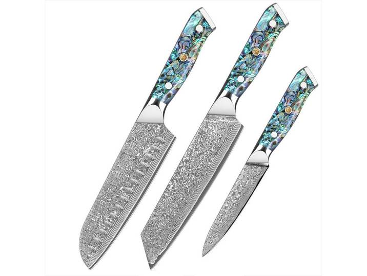 UniqueFire Messer-Set 3tlg. Damastmesser Set aus VG10 Damaststahl Abalone-Muschel Griff (3-tlg)