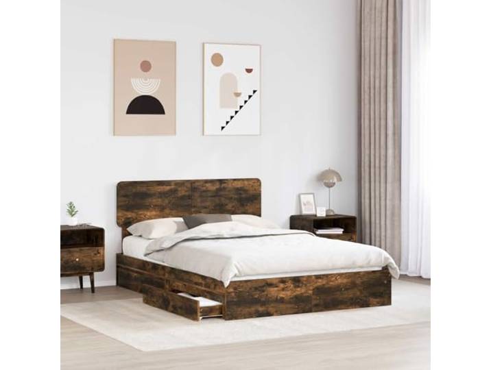 SKTQYQO Bettkasten Eiche Rauchgrau 160 x 200 cm Technisches Holz, ausziehbare Schubladen, minimalistisches Design, robuste Struktur