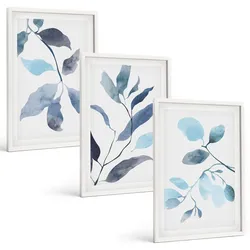 BILDER SET 3er Set - 40x60 cm Weißer Rahmen - Aquarell von blauen Blättern