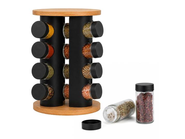 Relaxdays Gewürzkarussell Natur Schwarz Transparent 16er-Set, Mehrfarbig, Holz, Metall, Glas, 19.5x27x19.5 cm, Küchenzubehör, Vorratsbehälter, Gewürzgläser