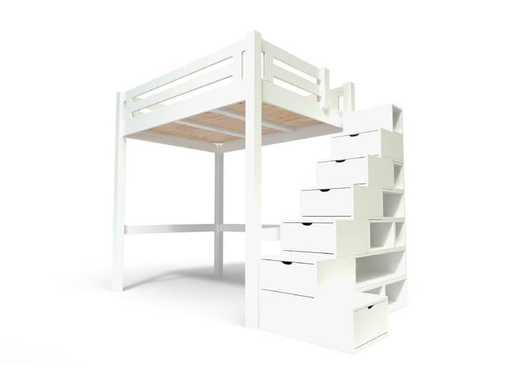 Lit Mezzanine adulte bois 140x200 Alpage hauteur réglable + escalier cube 140x200 Blanc