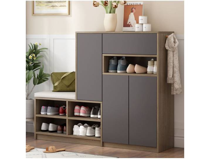 VUENOR Meuble à chaussures avec banc 140 x 35 x 110 cm gris – étagères réglables