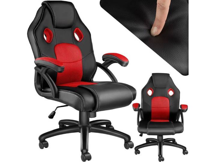 Chaise de bureau - TECTAKE - Fauteuil de gamer MIKE avec rembourrage épais et revêtement en cuir synthétique - Noir/Rouge