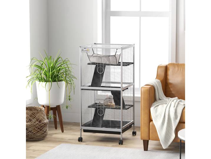 PawHut Cage Portable 4 Niveaux avec Hamac et Roulettes