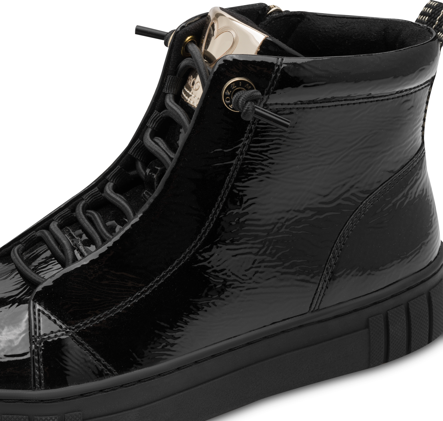 Slip-On Sneaker MARCO TOZZI, Damen, Gr. 37, wärmend, schwarz, Lacklederimitat, Lederimitat, unifarben, Schuhe Slip-On Sneaker, Plateau, Boots, Slip On mit elastischem Schnürsenkeln