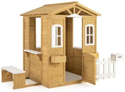 Costway Wood Playhouse with Bench and Serving Stations for 2+ Years Old Kids