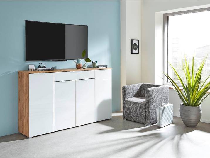 Sideboard GERMANIA Telde , weiß (navarra, eiche, nachbildung, weiß), B:180cm H:105cm T:40cm, Sideboards, Sideboard, Breite 179 cm, Soft-close, verstellbare Böden,ES-Glas, Made in Germany