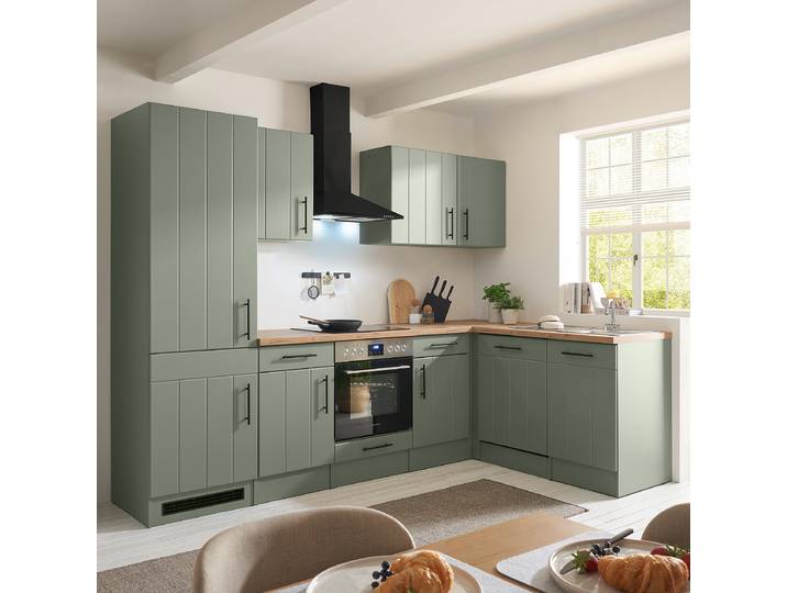 Cuisine d’angle Anton 280cm Vert/Vert roseau Vitrocéramique Avec électroménager