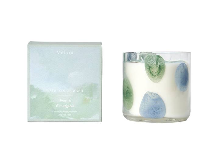 Duftkerze Velura Watercolor Mint & Eucalyptus H10.8xD10.5cm, Brenndauer 50h - Farbe: Blau - Material: Glas, Wachs