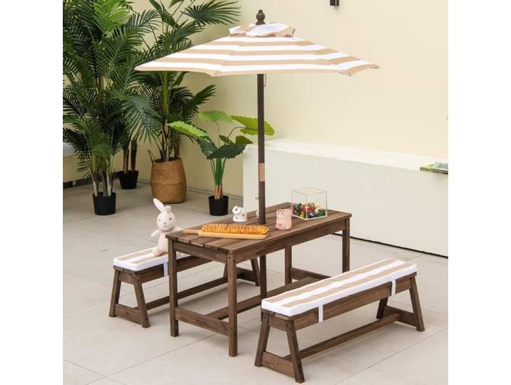 DREAMADE Ensemble Table et Bancs de Jardin en Bois Enfants avec Parasol & Coussin Mobilier de Pique-nique Intérieur&Extérieur