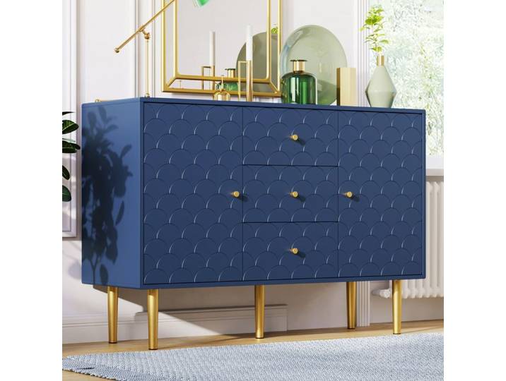 Commode de Chambre-Buffet 120x40x83 cm avec 2 portes et 3 tiroirs étagère réglable structure bois et métal bleu marine