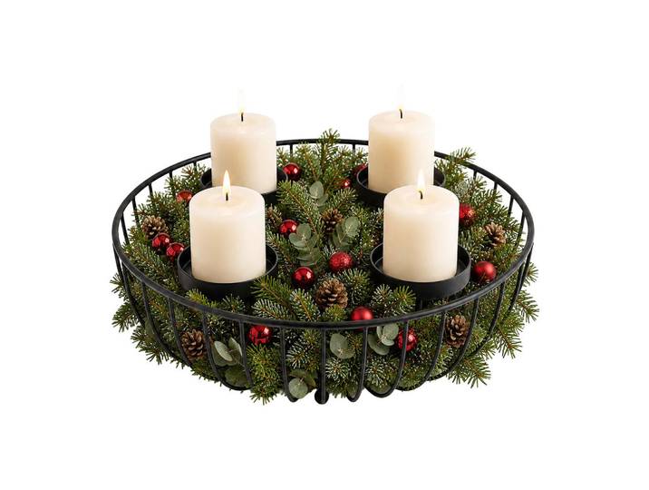 Relaxdays Adventskranz Schwarz Stahl 4 Kerzenhalter 33 cm, Metall, 10 cm, Dekoration, Weihnachtsdekoration, Adventskranz