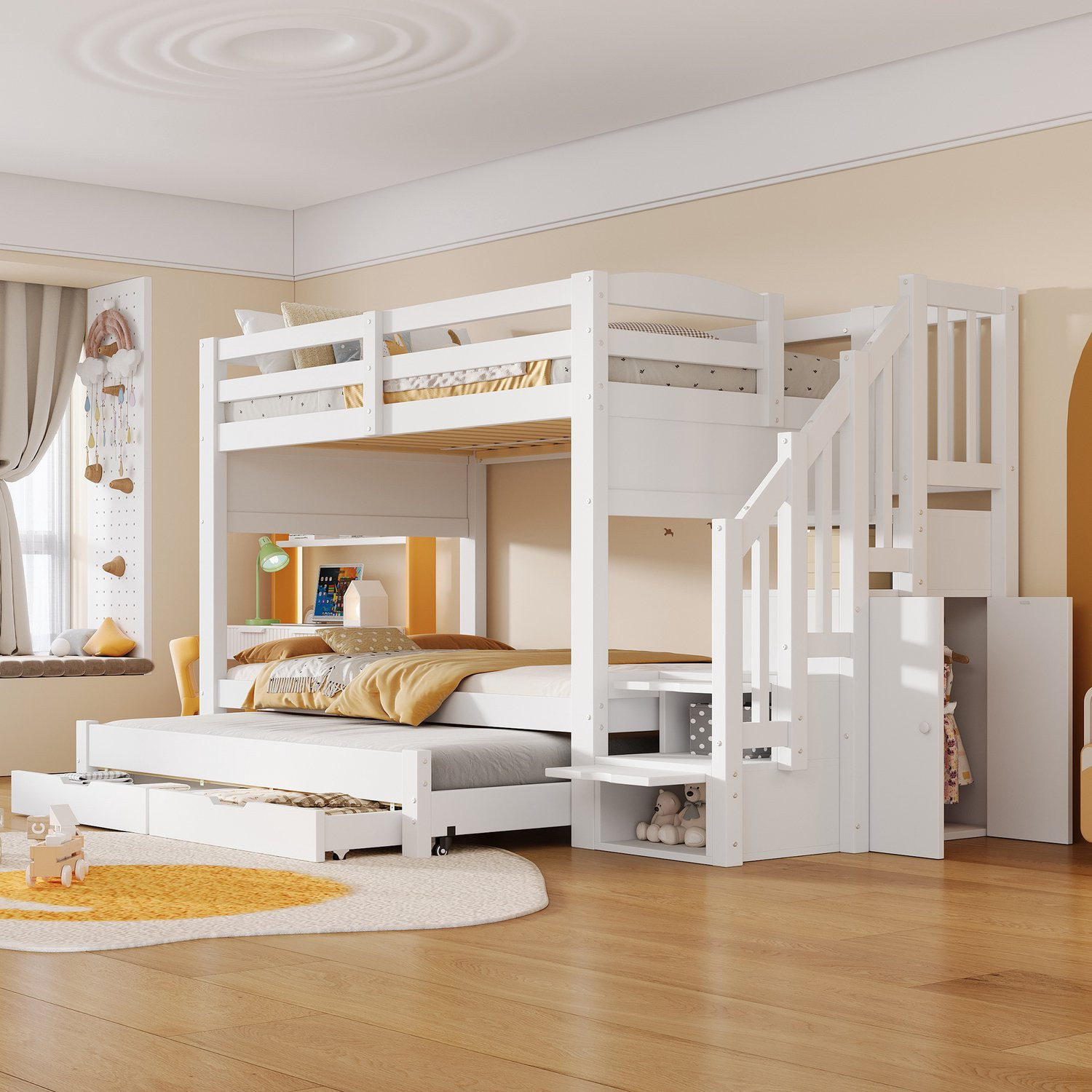 Wit Kinder Stapelbed met 2 Lades en Opbergladder, 90x200 cm