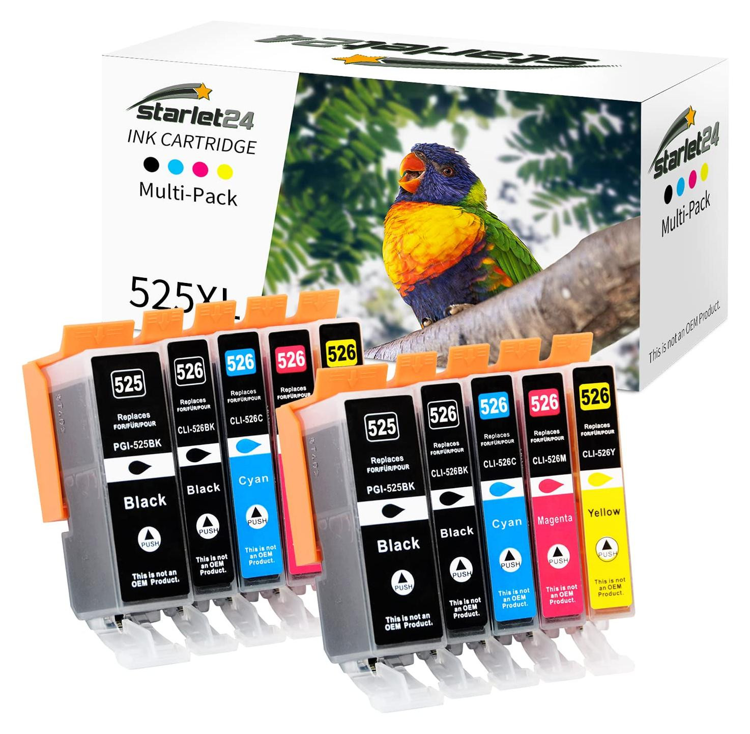 Starlet24 Compatibele inktpatronen voor Canon PGI-525 CLI-526, 10 stuks (2x PGBK, 2x zwart, 2x cyaan, 2x magenta, 2x geel)