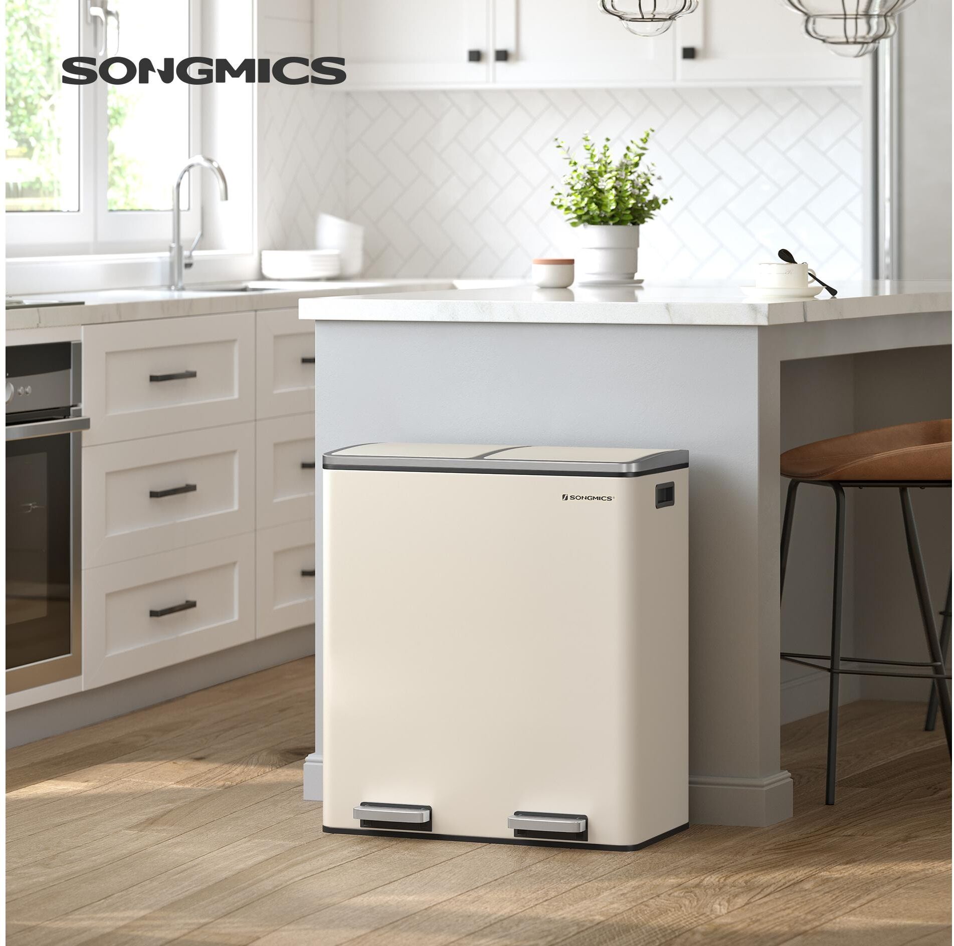 Mülleimer SONGMICS "60 l", beige (edelweiß), 60 l, Stahl, Mülleimer, Mülleimer edelweiß 60 l