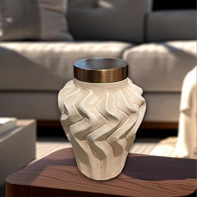 Sagebrook Home Pottery Jar Wavy Sculpted Tall with Metallic Lid Decorative Accent