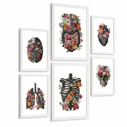 POSTER Set aus 6 Botanische Anatomie Drucke mit Herz Lungen Wirbelsäule Becken und Rippen Beige Terrakotta Erdtöne Florales Weißer Rahmen A3 & A4