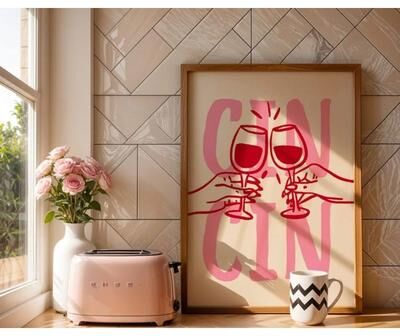 Uplift Essentials Cin Cin Cheers Wall Art Pink Happy Hour Cocktail Poster Pasta Lovers Club Italian Food Print Modern Kitchen Decora style 1 12x16 In