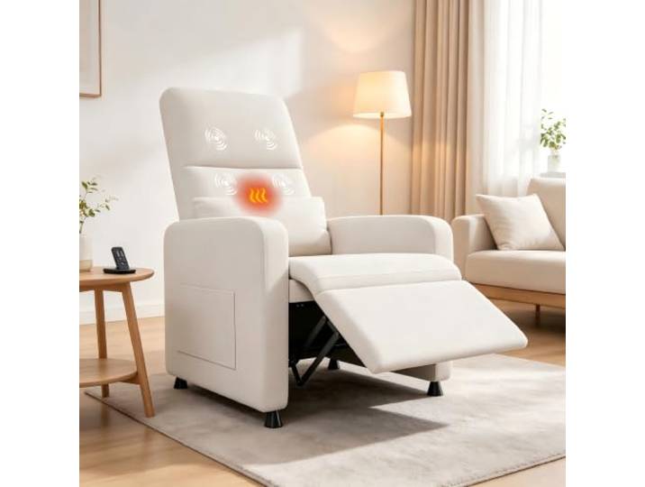GarveeMore Elektrischer Relaxsessel/TV-Sessel mit Massage & Wärme Verstellbare Rückenlehne & Liegefunktion - Fußstütze, Lendenstütze, USB-Ladeanschluss, Seitentaschen, Leinenoptik