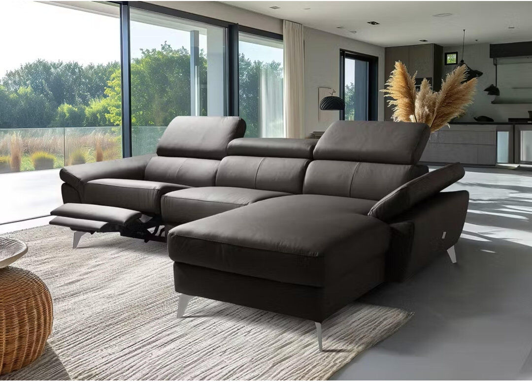 Ivy Bronx Milton Keynes Italian Leather Electric Reclining Corner Sofa with Adjustable Headrests and Adjustable Armrests Brown 97cm H X 252cm W X 179cm D