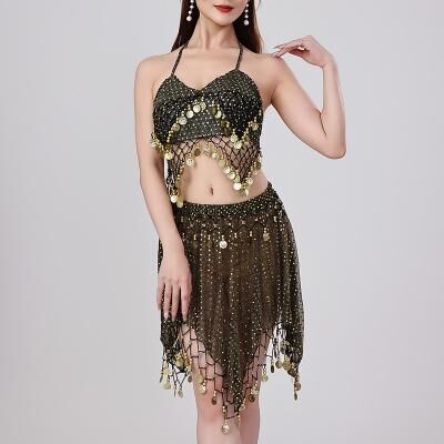 LightInthebox Belly Dance Skirts Copper Coin Pure Color Splicing Women's Performance Training Sleeveless High Polyester