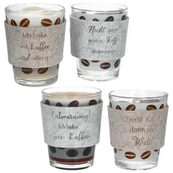 8tlg Set CREMA Banderolen & Glas-Kaffeebecher mit Henkel Sprüche Geschenkidee