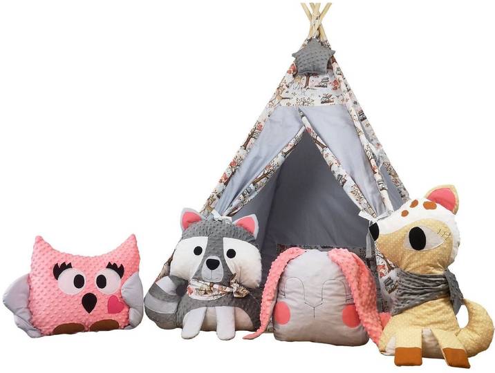 Pamek Spielzelt Wald Tiere Kinder Tipi Zelt Spielset für Kinder, Teepee (7-tlg)