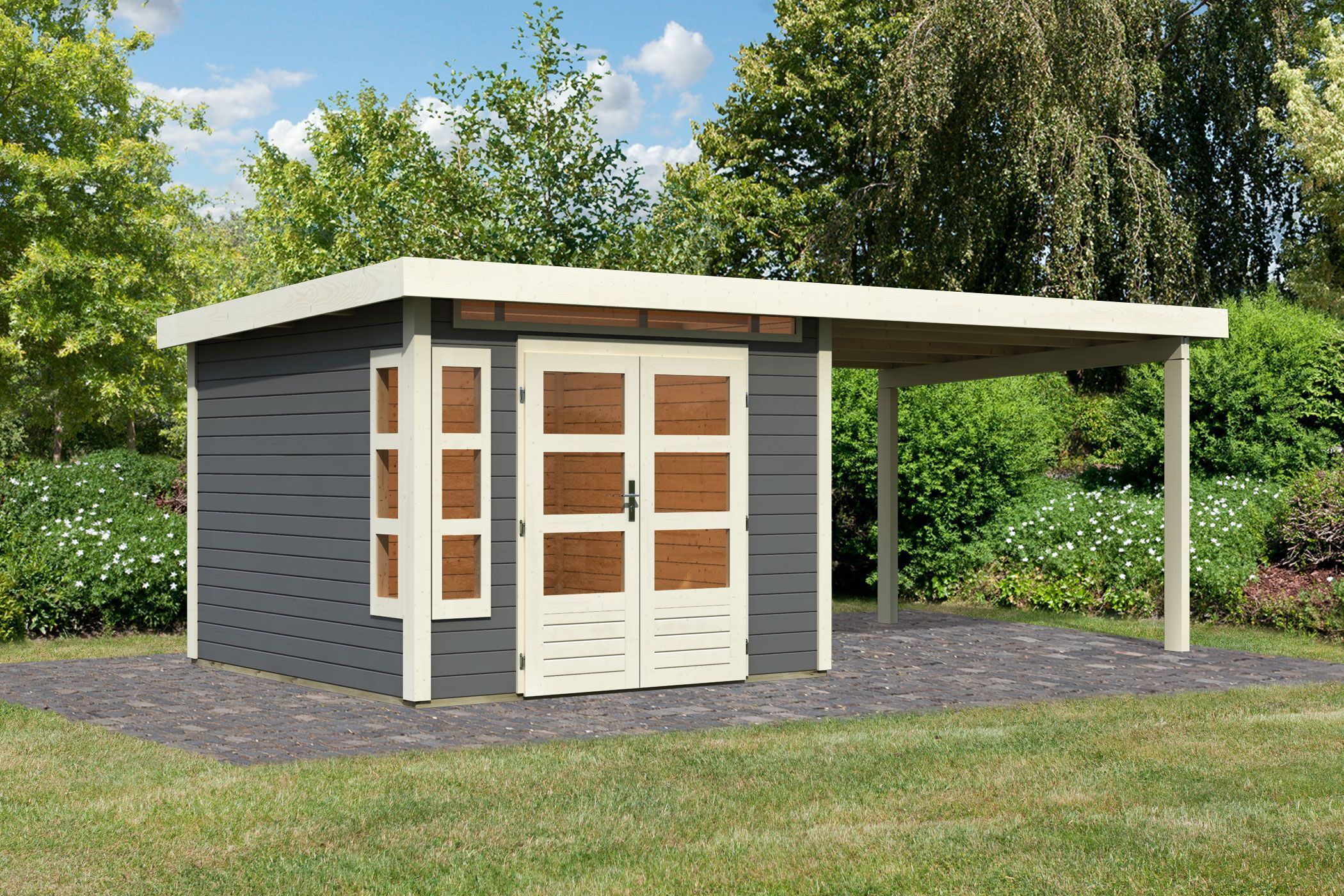 Karibu Gartenhaus Gerätehaus Kastorf 6 im Set mit Anbaudach 3,2 m Breite terragrau 565x274x222 cm