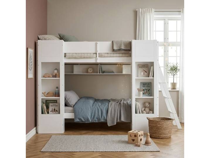 BEL Lit Superposé 90x200cm 2 Placards+Étagère+Échelle Réversible+Protection Antichute Blanc