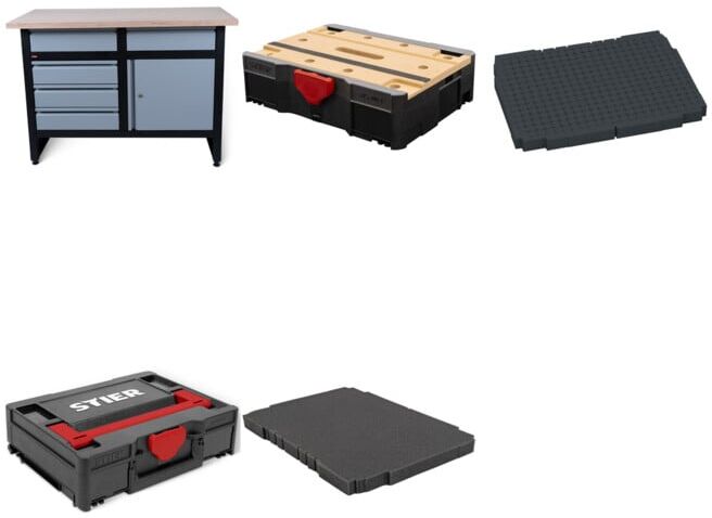 Set STIER Werkbank Basic 5 Schubladen + STIER Systainer I Black Edition + STIER Bodenpolster f Systainer + STIER Systainer T-LOC MFT BLACK-Edition + STIER Welpolster 25 mm Raster f Systainer