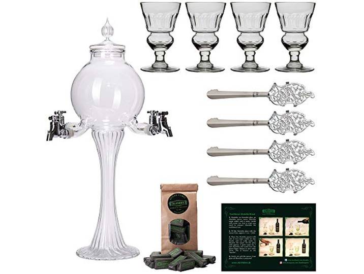 Absinth Zubehör Set von ALANDIA 1x Absinth Fontäne Boule 4x Gläser mit Reservoir 4x Löffel aus Edelstahl 1 Zuckerwürfel